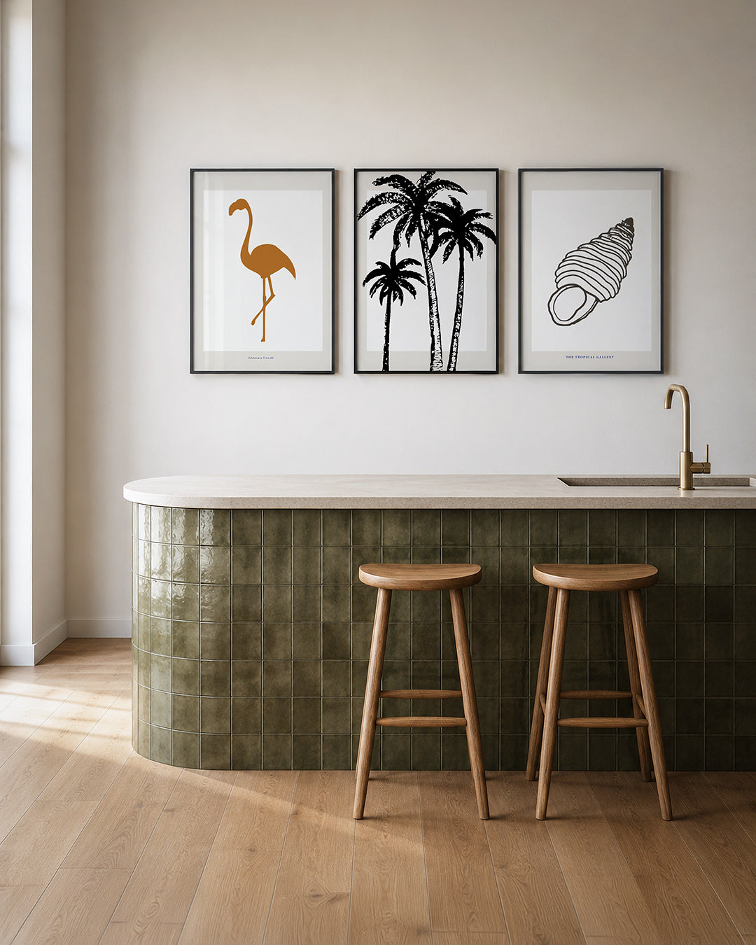 Vorm en balans posterset – tweede productweergave – een silhouet van een vogel in warme bruintinten, centraal