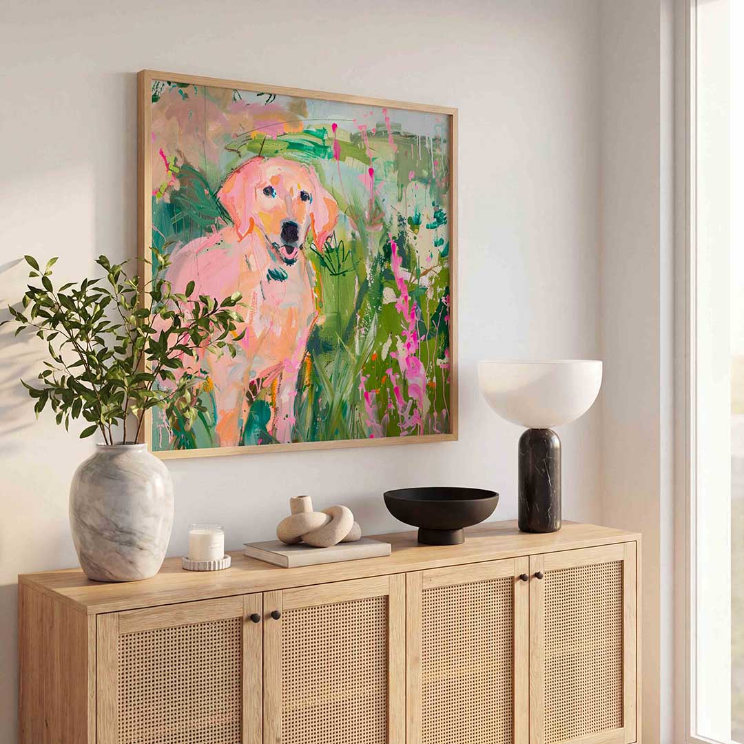 Hond in kleurrijke natuur – illustratie poster in vierkant formaat