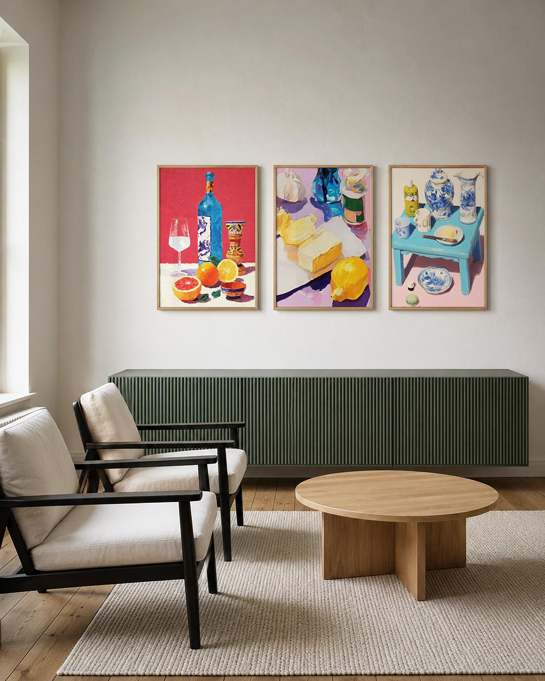 Kleurrijke tafelsetting posterset – tweede productweergave – een levendige compositie met een blauwe fles,
