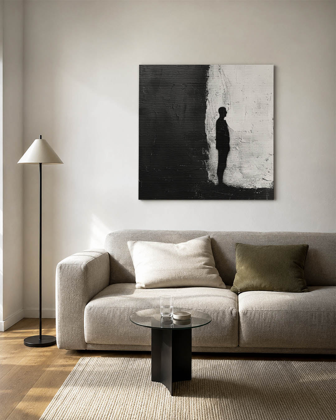 Silhouet contrast kunstwerk – vierkante wanddecoratie – dit kunstwerk toont een silhouet tegen een achtergrond van zwart en