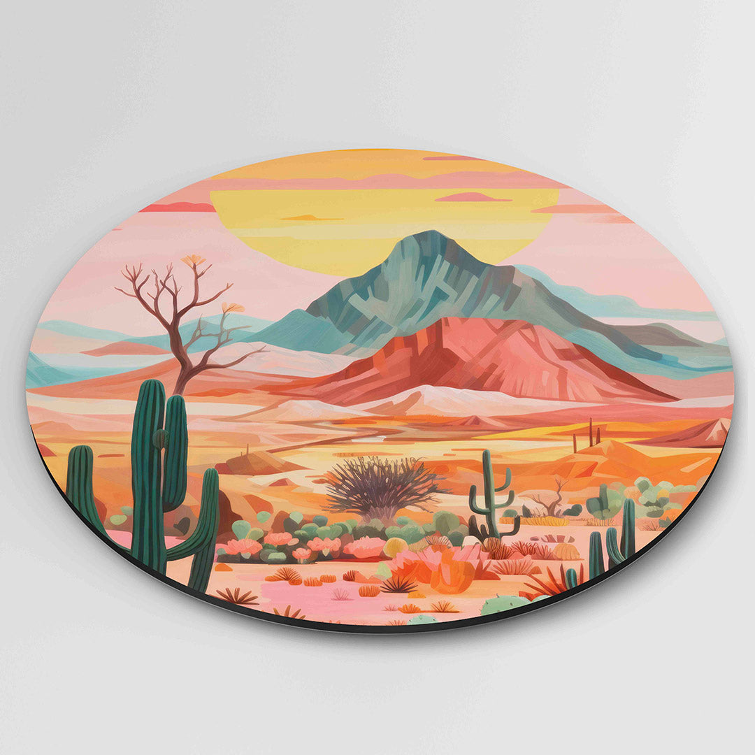 Zonsondergang woestijn – ronde wanddecoratie met abstract ontwerp