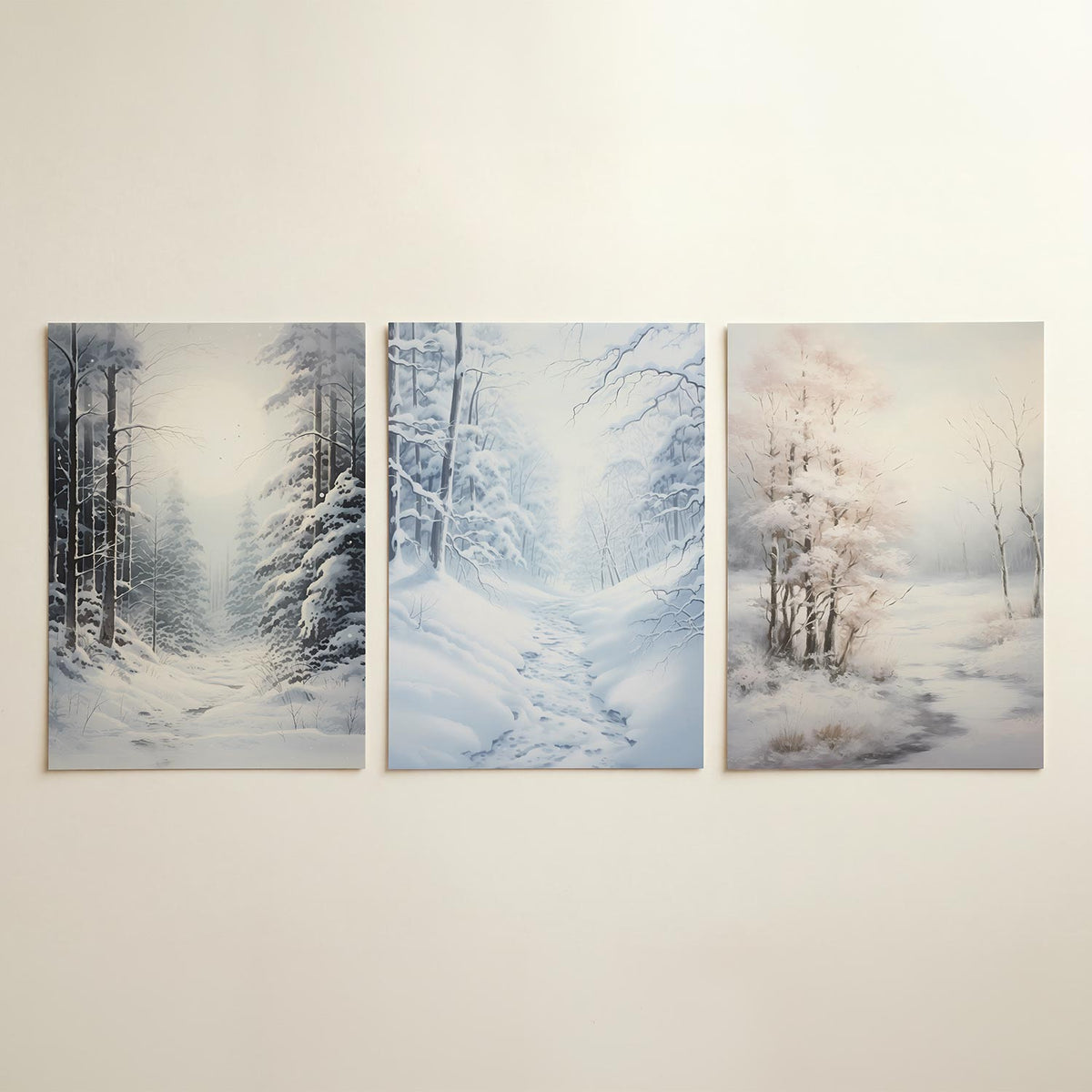 Winterse bosweg driedelige posterset in interieur