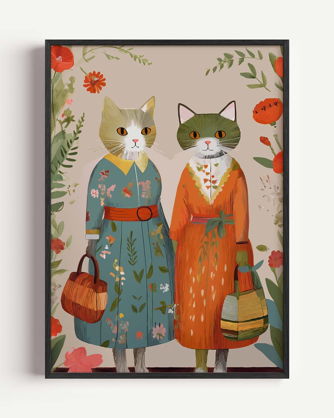 Modieuze Kattenvriendinnen – dieren portret poster als wanddecoratie