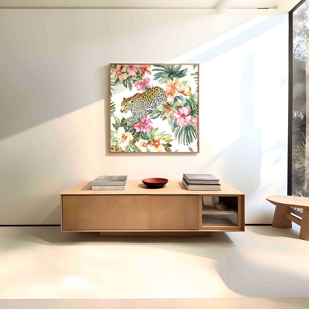 Luipaard en bloemen – vierkante dieren wanddecoratie van WallArtistic