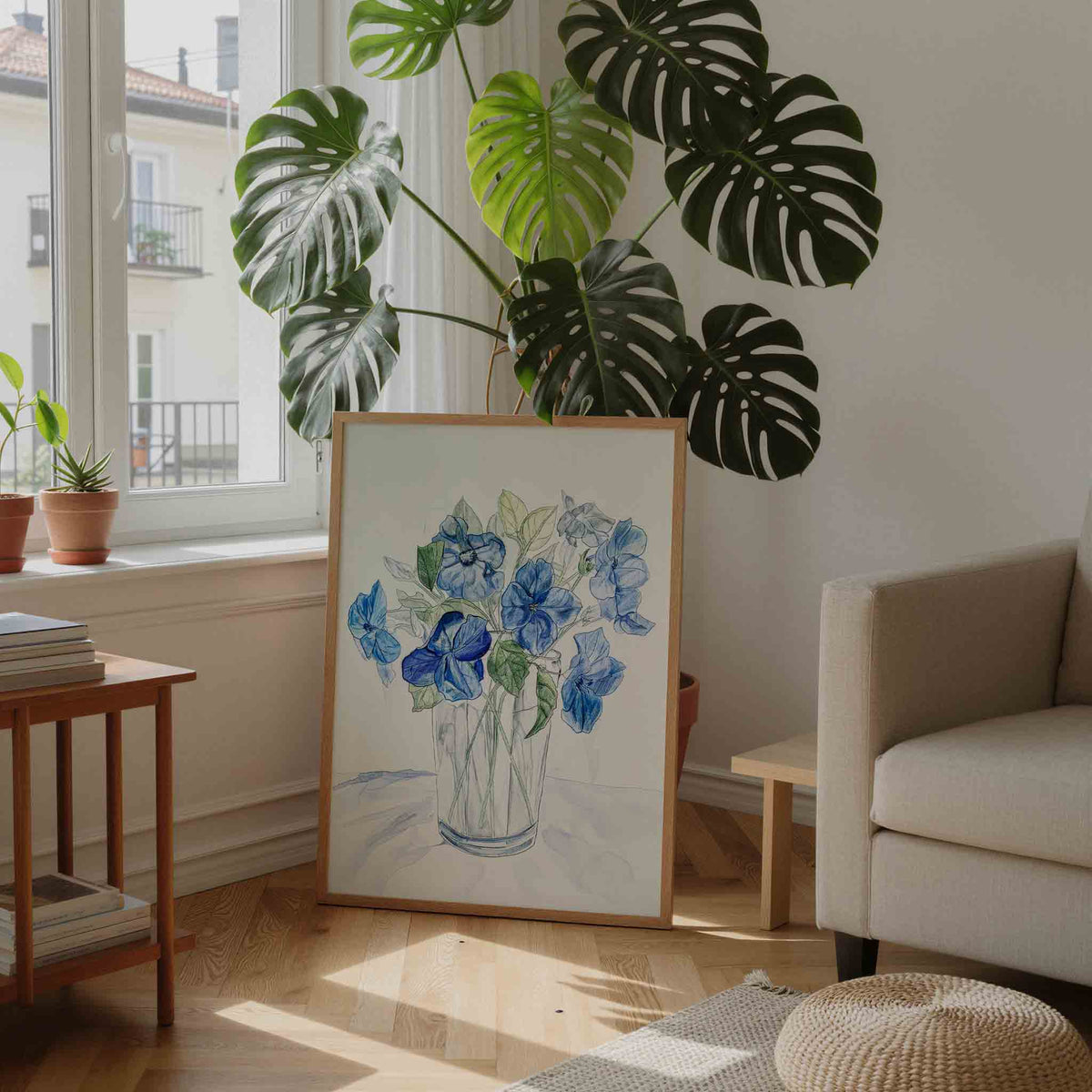 Blauwe bloemen in vaas – moderne wandkunst als portret poster
