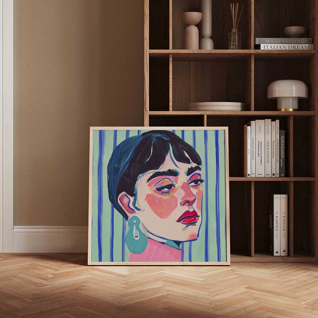Portret met blauwe strepen – portret poster in vierkant formaat