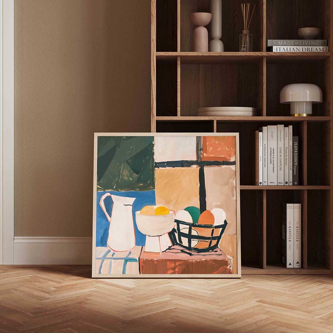 Stilleven met kan en fruit – vierkante design wanddecoratie van WallArtistic