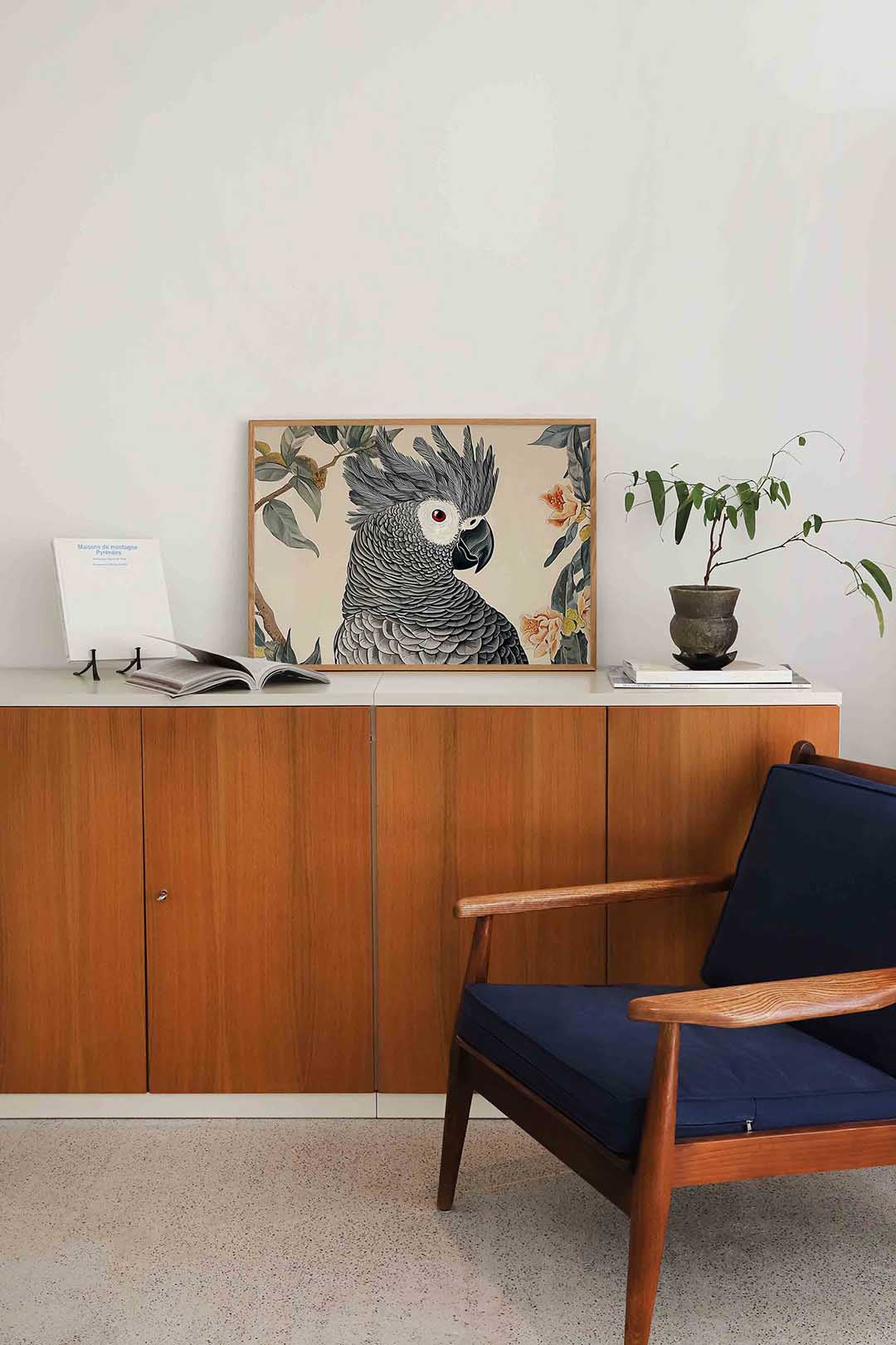 Papegaai met bloemen – liggende dieren wanddecoratie van WallArtistic