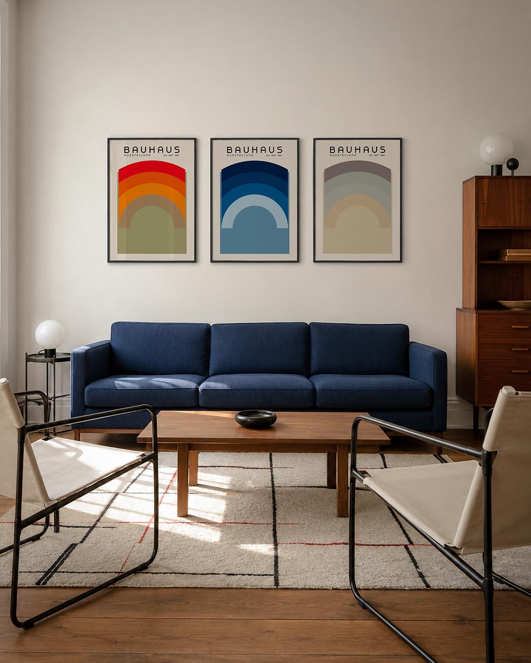 Kleurbogen en lijnen driedelige posterset – deze posterset in drie delen toont een ritme van kleurrijke bogen in rood, oranje