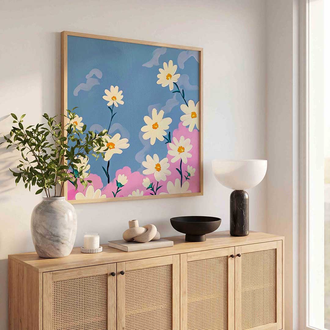 Bloemen en blauwe lucht – illustratie poster in vierkant formaat