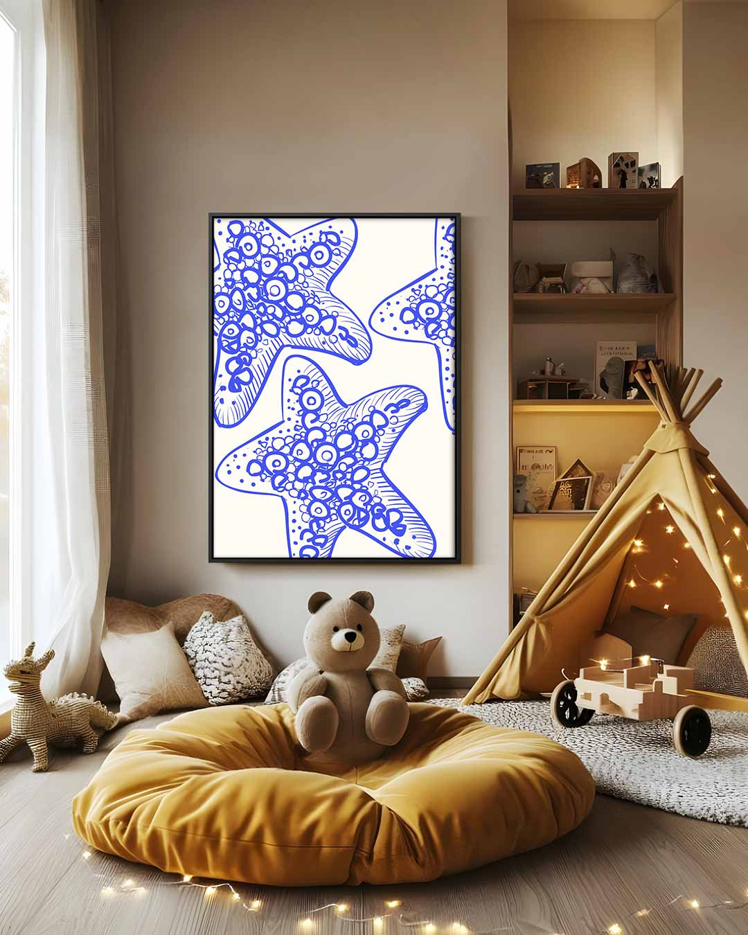 Zeesterren in Blauw – dibond wanddecoratie in staand formaat
