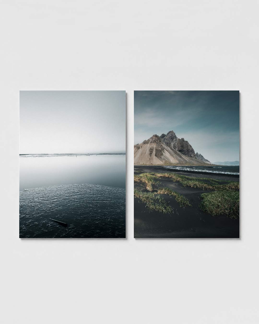Rustige waterlijn posterset – sfeerbeeld – een horizon met zachte grijstinten. De gladde wateroppervlakte ontmoet een lichte