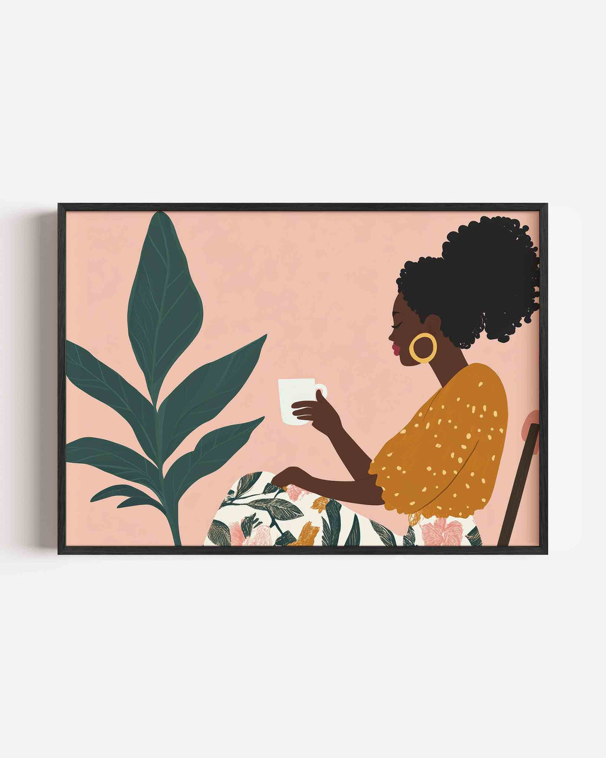 Vrouw met kopje en plant – hedendaagse illustratie poster in landscape formaat