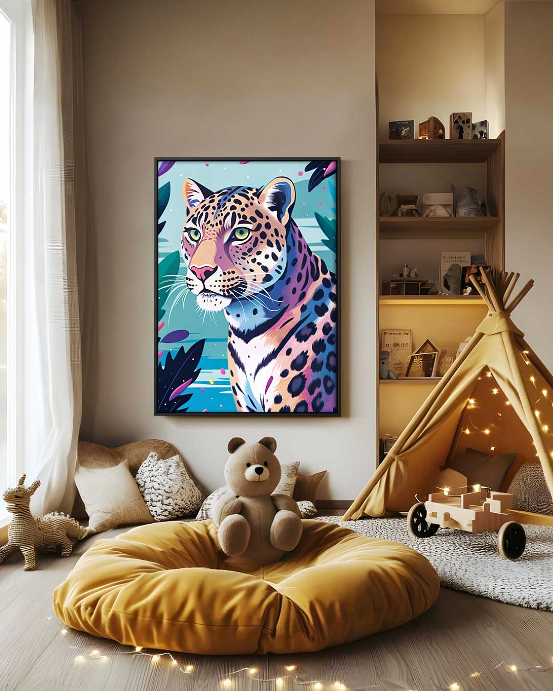 Elegante Luipaard in Kleurrijke Jungle – canvas wanddecoratie in portret formaat