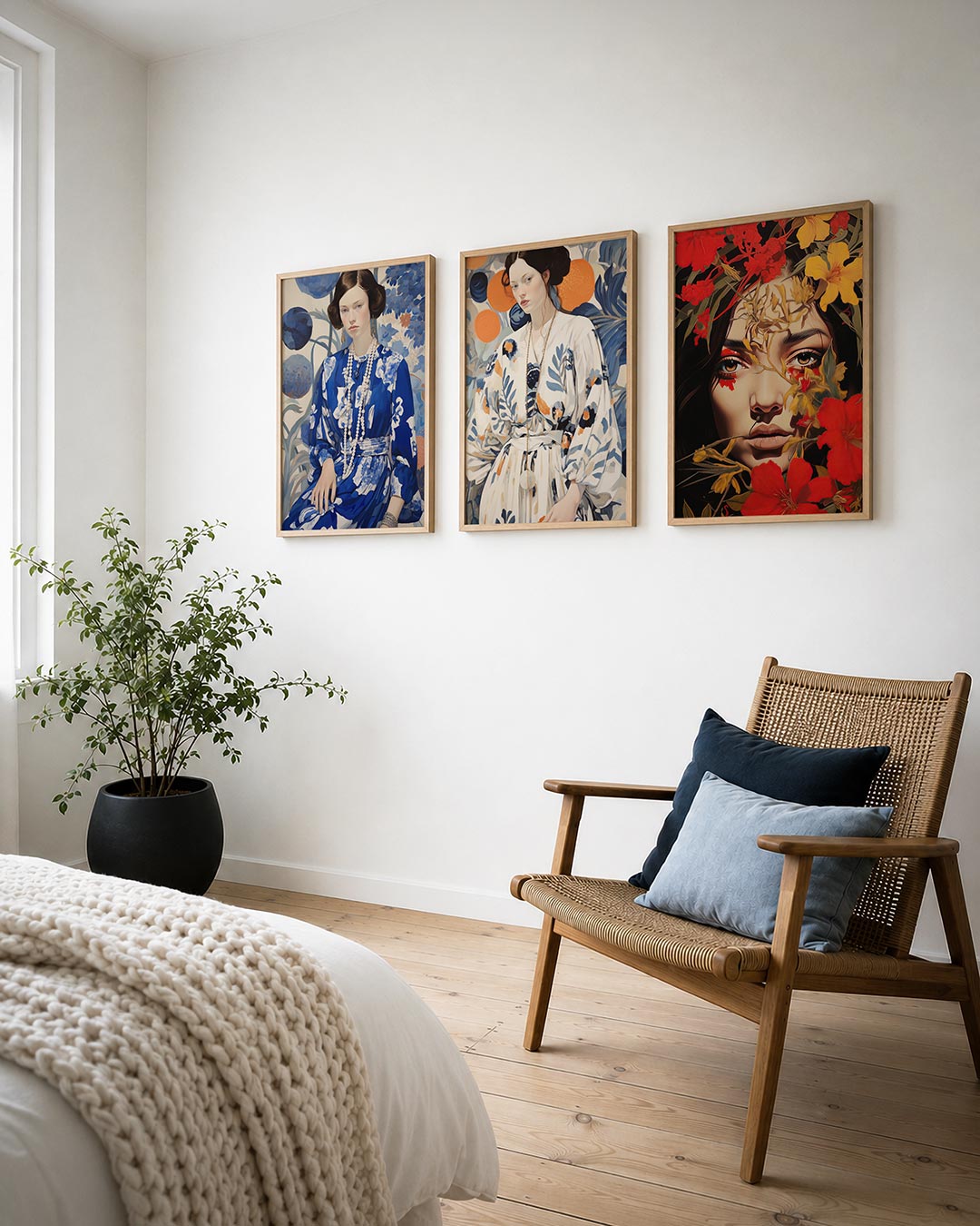 Blauwe bloemendroom posterset – derde productweergave – een vrouw in een blauwe jurk met witte bloemen, omringd