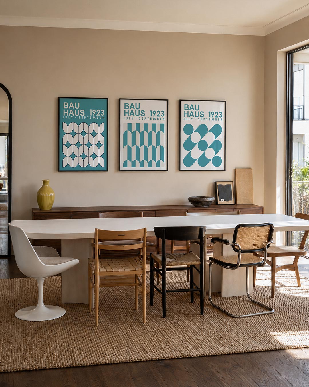 Vorm en ritme driedelige posterset – deze posterset in drie delen toont een ritmisch patroon van witte vormen op een blauwe