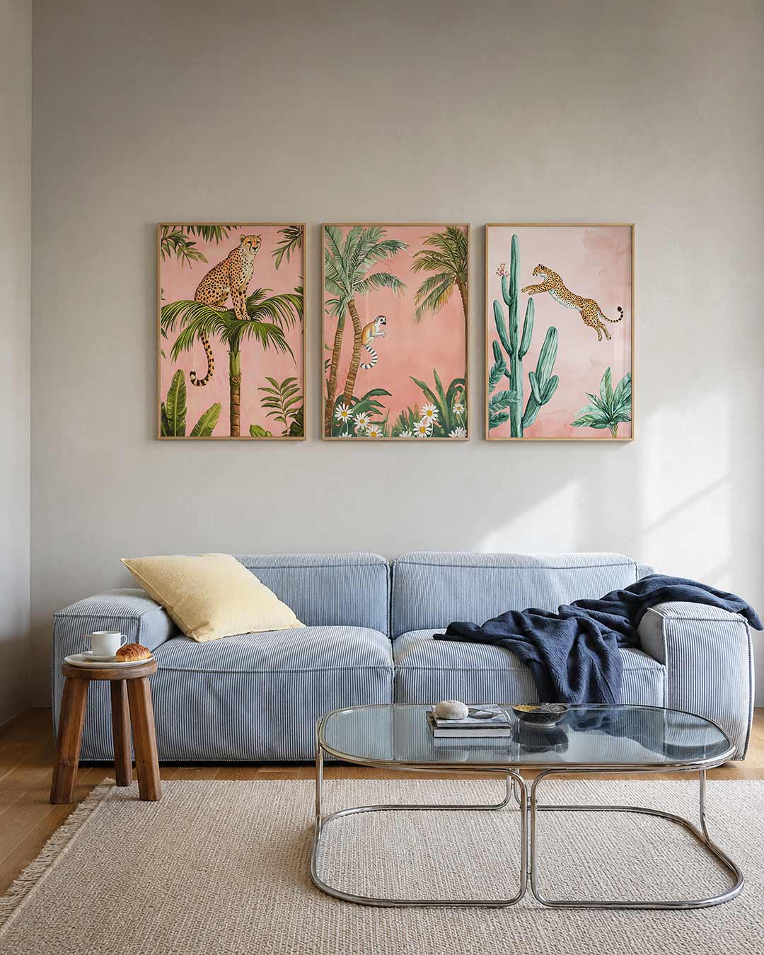 Jungle elegantie posterset – tweede productweergave – een luipaard zit sierlijk op een palmblad tegen een roze
