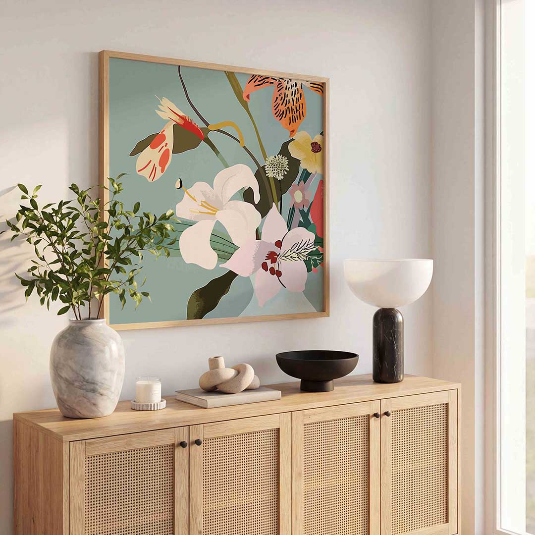 Bloemen in vaas – kleurrijke poster in vierkant formaat