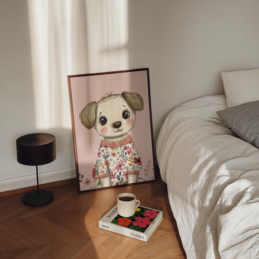Lieve Puppy Bloemenposter – kinderposter in staand formaat