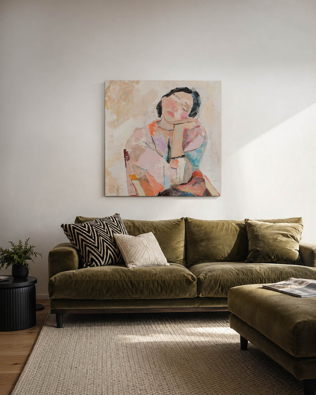 Dromerige portretstudie kunstwerk – derde productweergave – dit kunstwerk toont een serene figuur met zachte lijnen en een