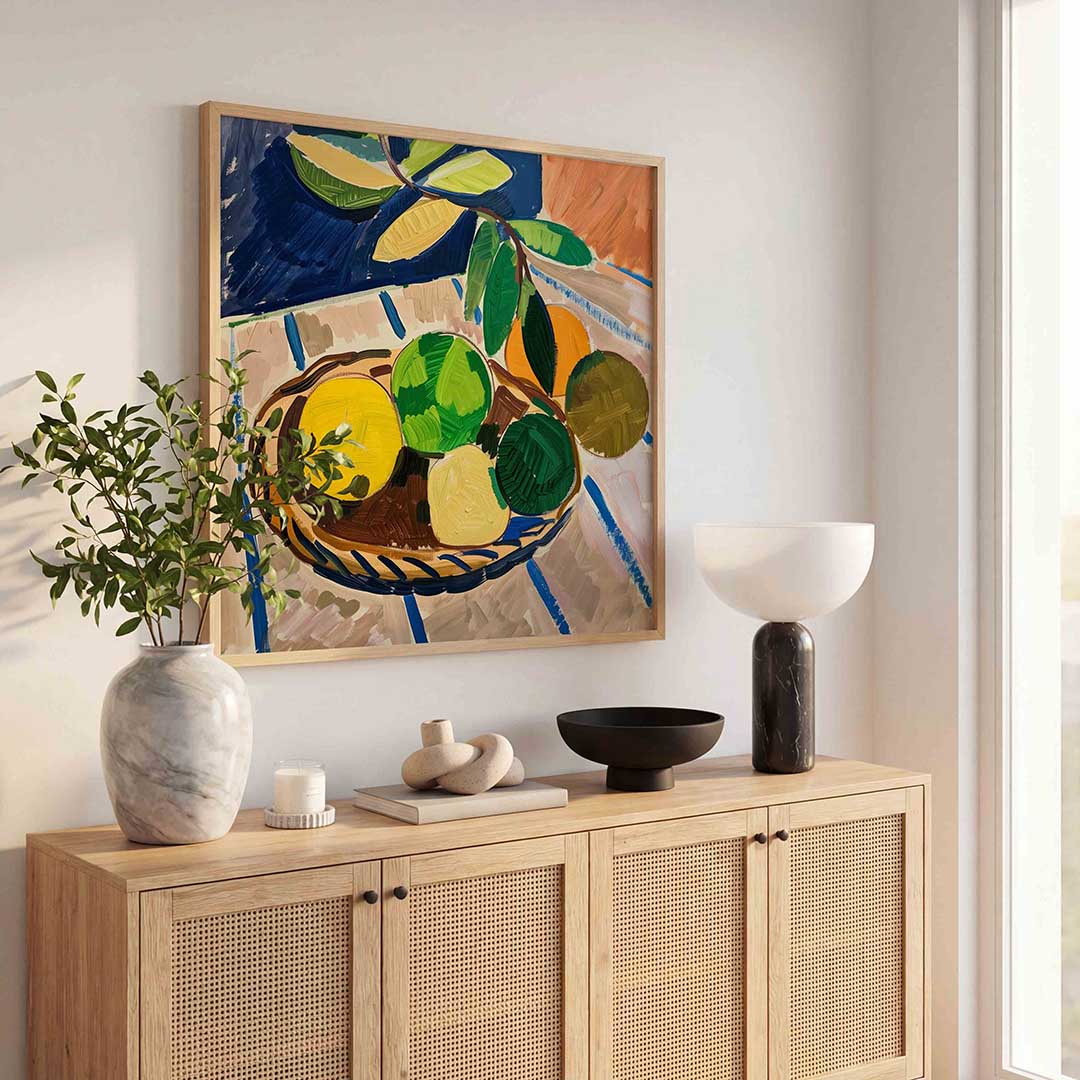 Fruitmand met bladeren – kunst en design poster in vierkant formaat
