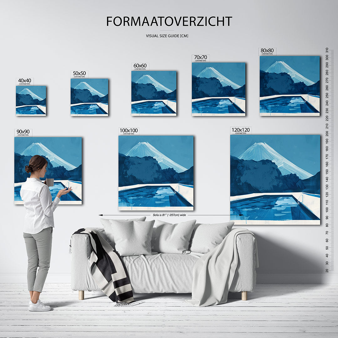 Blauwe berglandschap kunstwerk – materiaalweergave – dit werk toont een serene berg met een zwembad op de voorgrond. De
