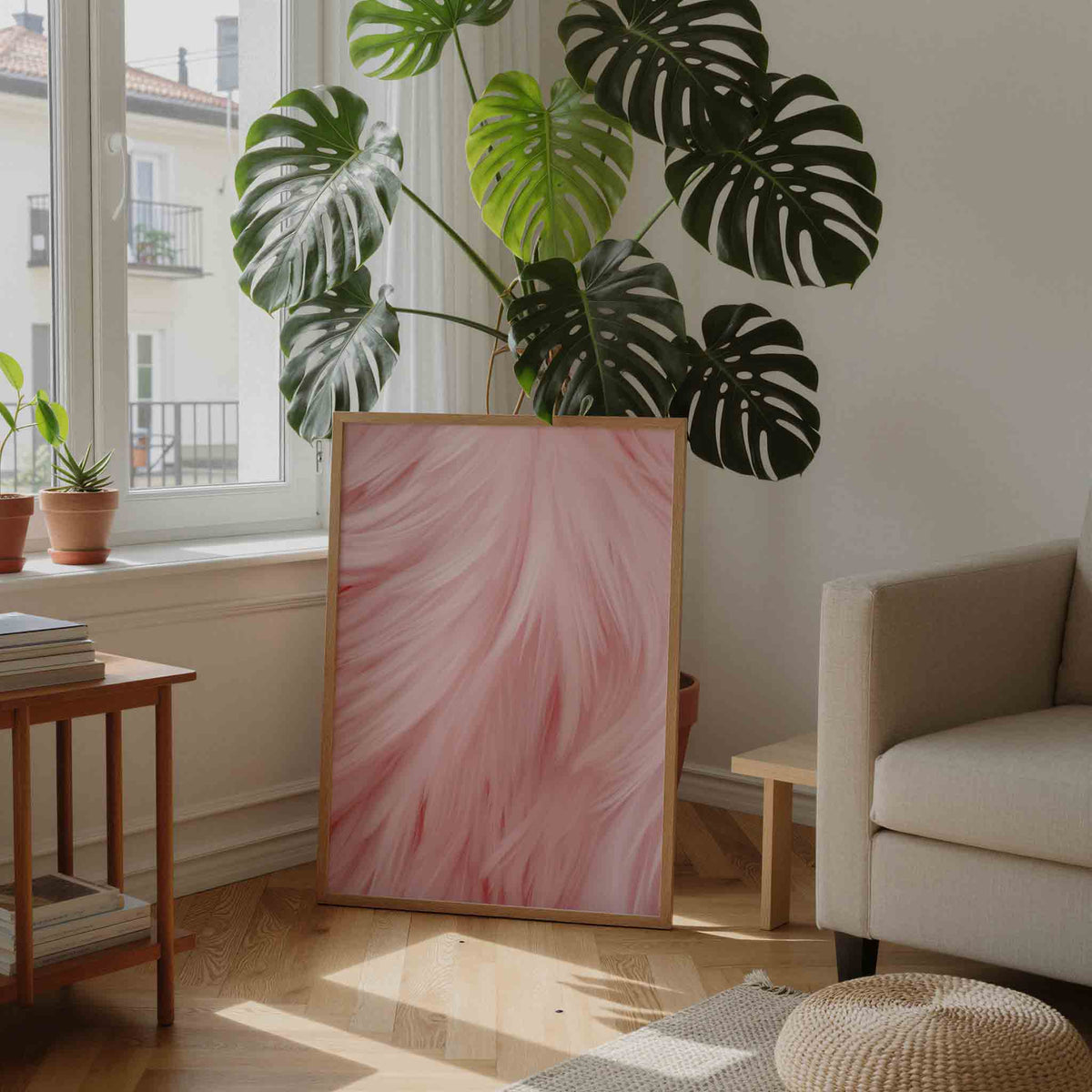 Roze veren – moderne wandkunst als portret poster