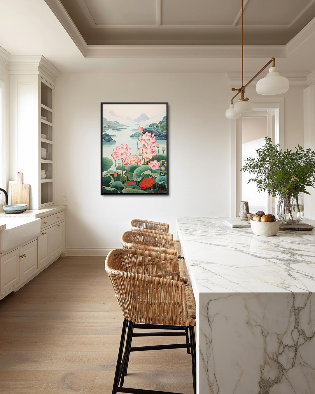 Lotusbloemen en bergen – moderne staande wandkunst