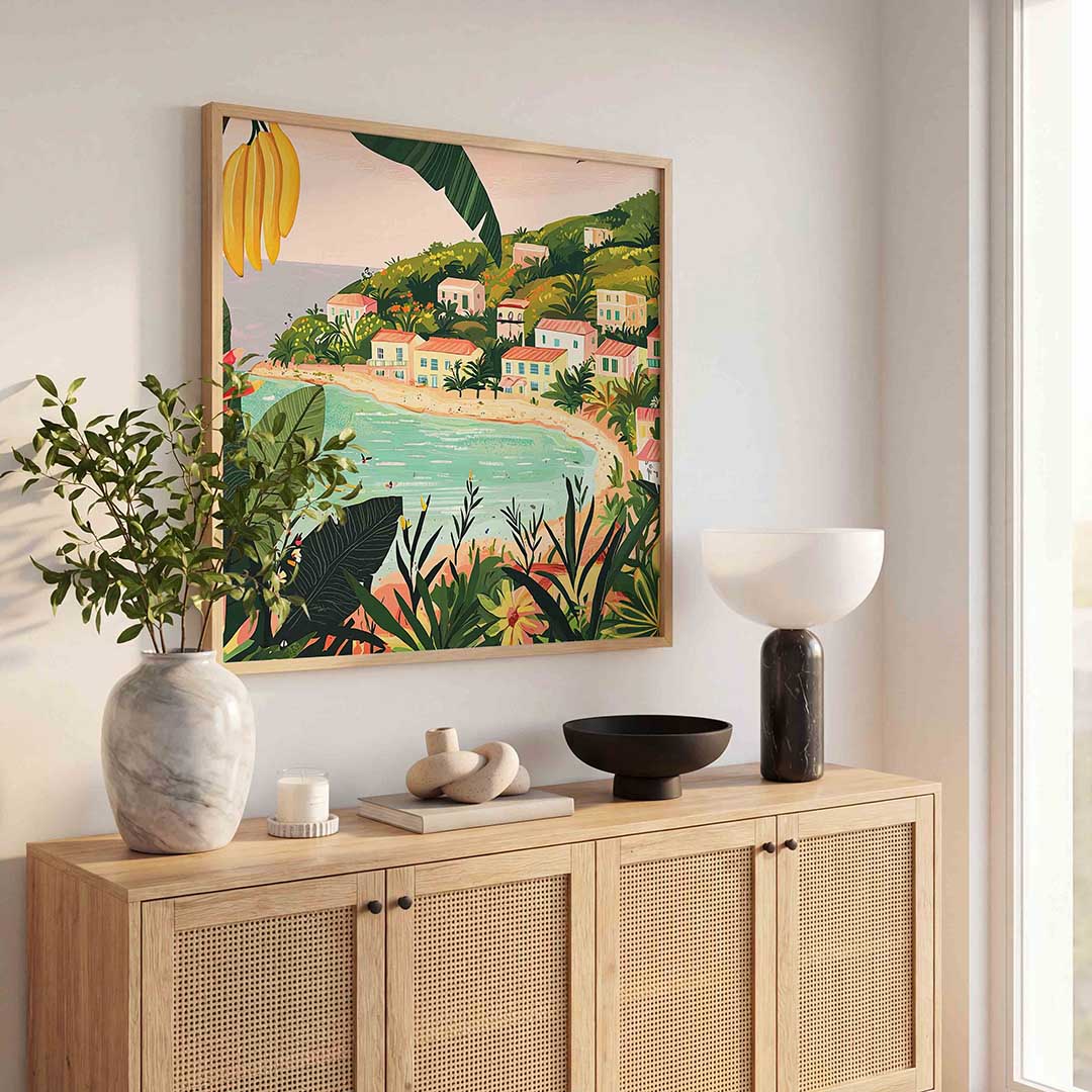 Tropisch strand met huizen – tropische poster in vierkant formaat