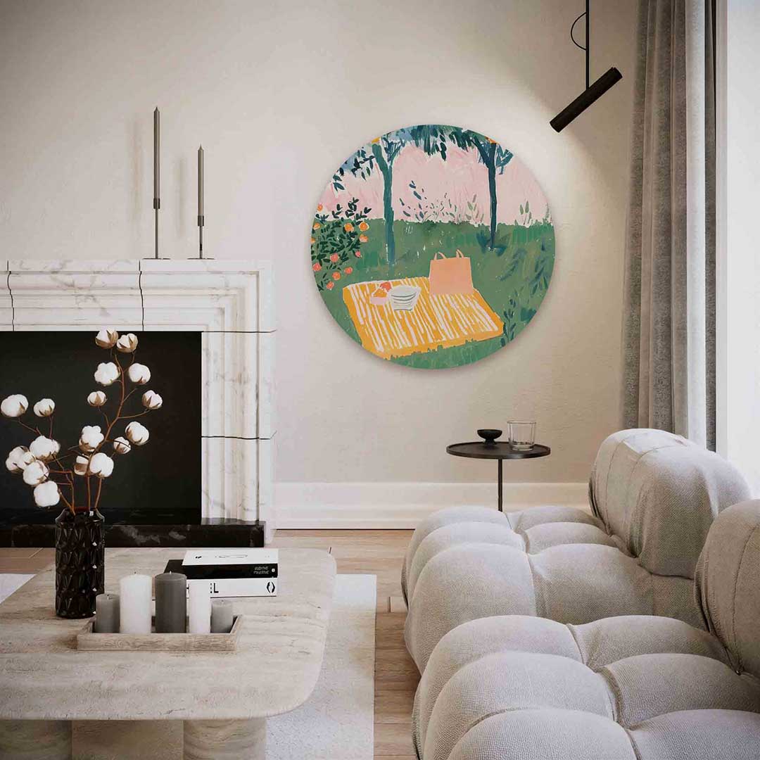 Picknick onder sinaasappelbomen – abstracte textuur muurcirkel als wanddecoratie