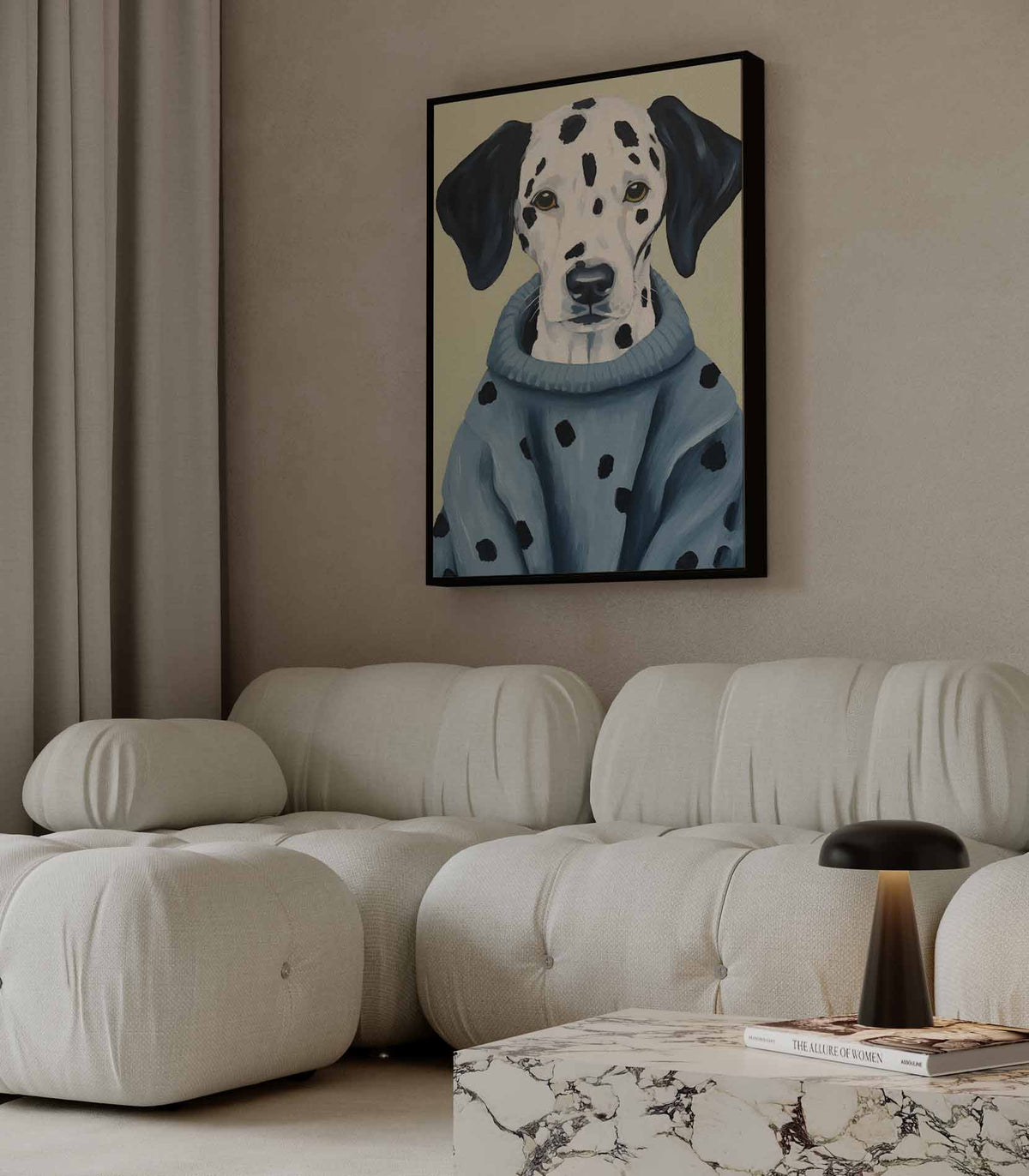 Stijlvolle Dalmatiër in Blauwe Trui – dibond wanddecoratie in staand formaat