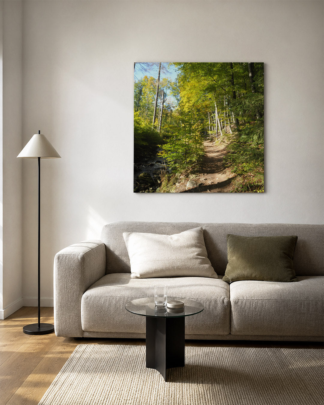 Boswandeling in zonlicht kunstwerk – vierkante wanddecoratie – een boswandeling met zonlicht dat door de bladeren schijnt. De