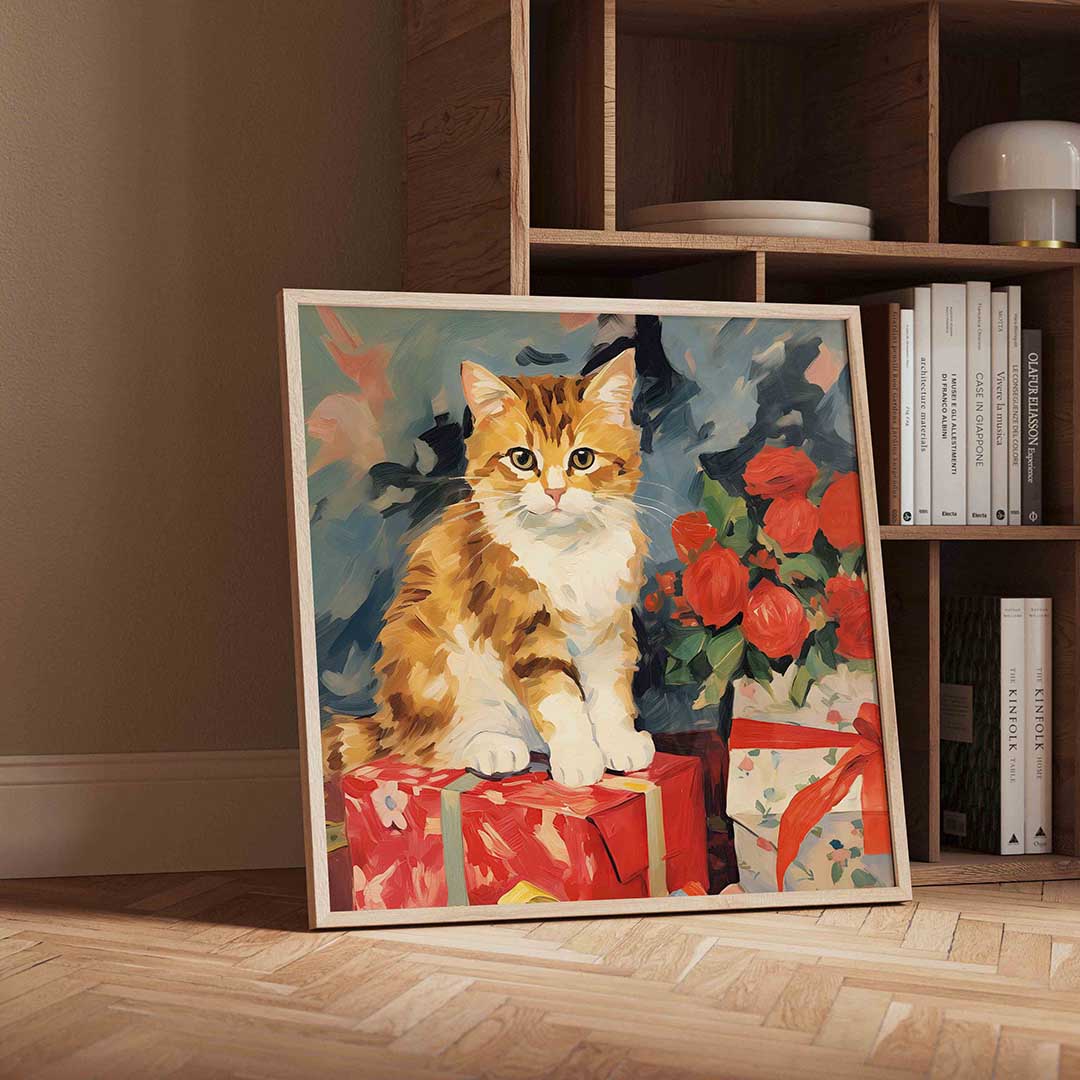 Kat met rode rozen – vierkante kerst wanddecoratie van WallArtistic