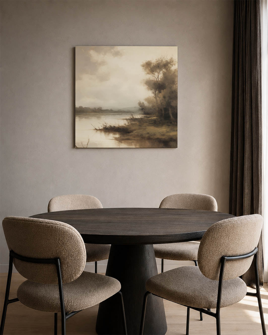 Rustig landschap kunstwerk – vierkante wanddecoratie – dit kunstwerk toont een sereen landschap met zachte kleuren en een