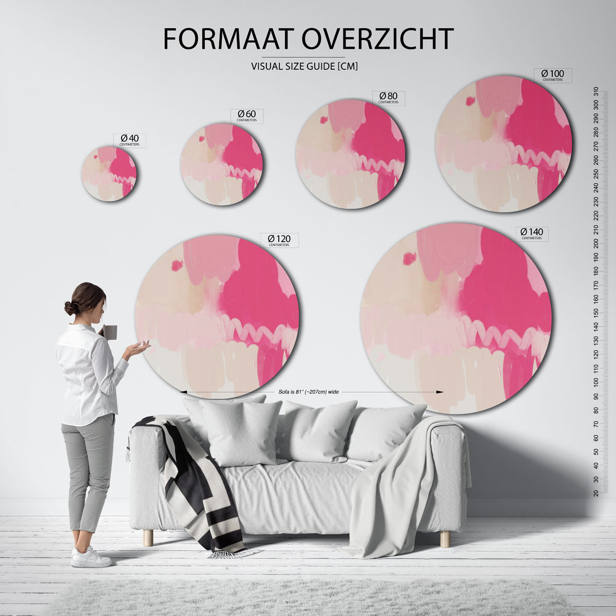 Roze en beige vormen – kleurrijke wandkunst als muurcirkel