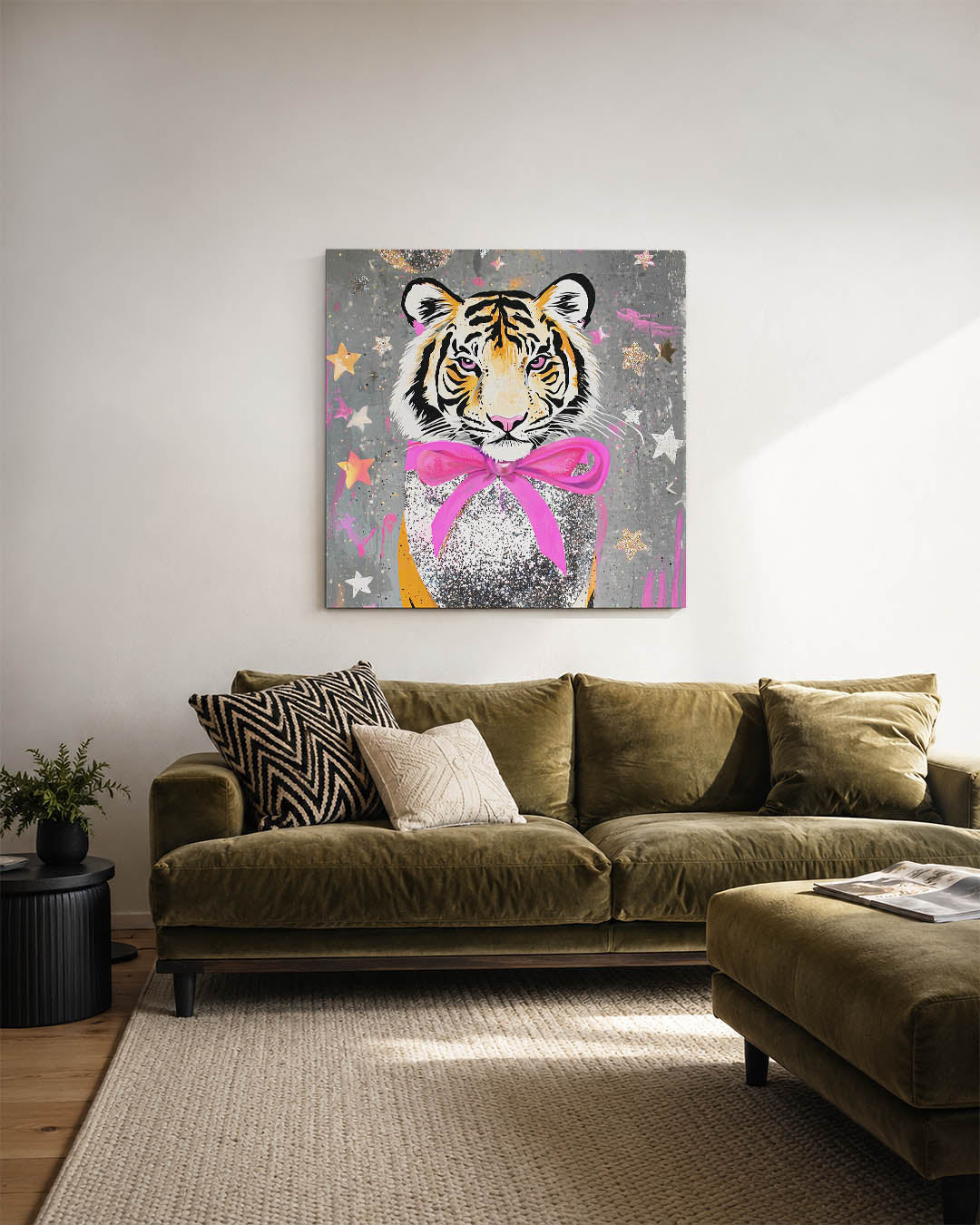 Kleurrijke tijger kunstwerk – sfeerbeeld – dit werk toont een tijger met levendige kleuren en een speelse compositie van