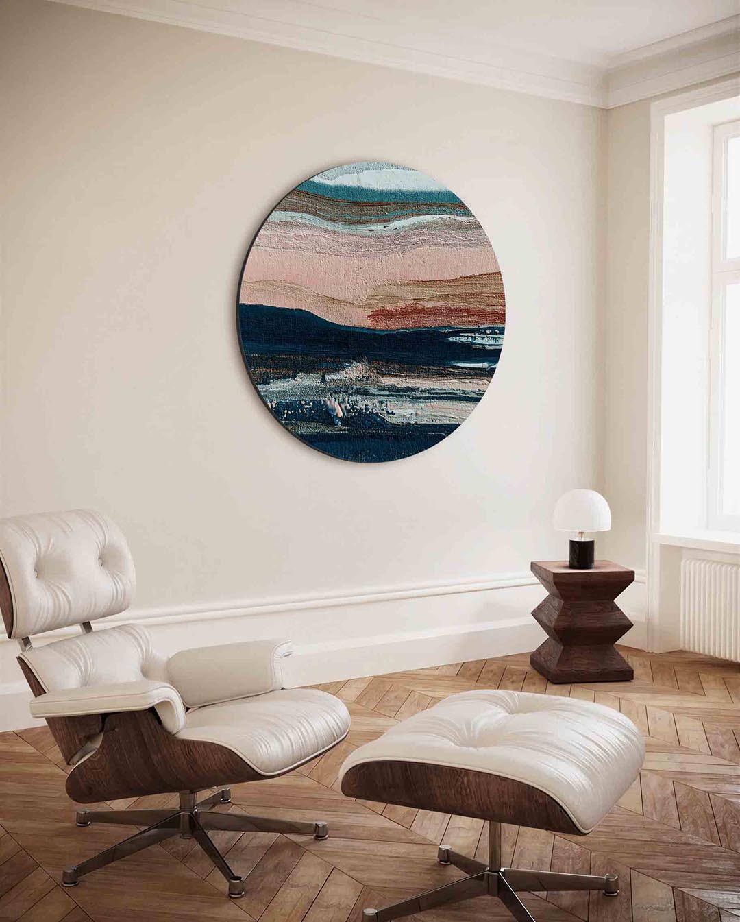 Horizontale lagen – moderne ronde wanddecoratie met vrouwelijk portret