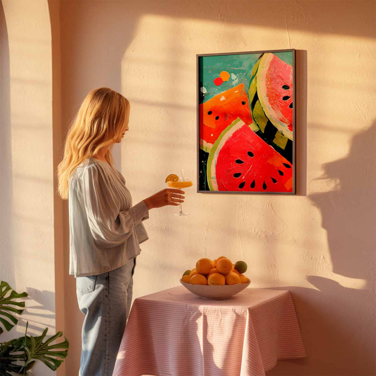 Vrolijke Watermeloen Kunstposter – keuken poster als sfeervolle staande wanddecoratie