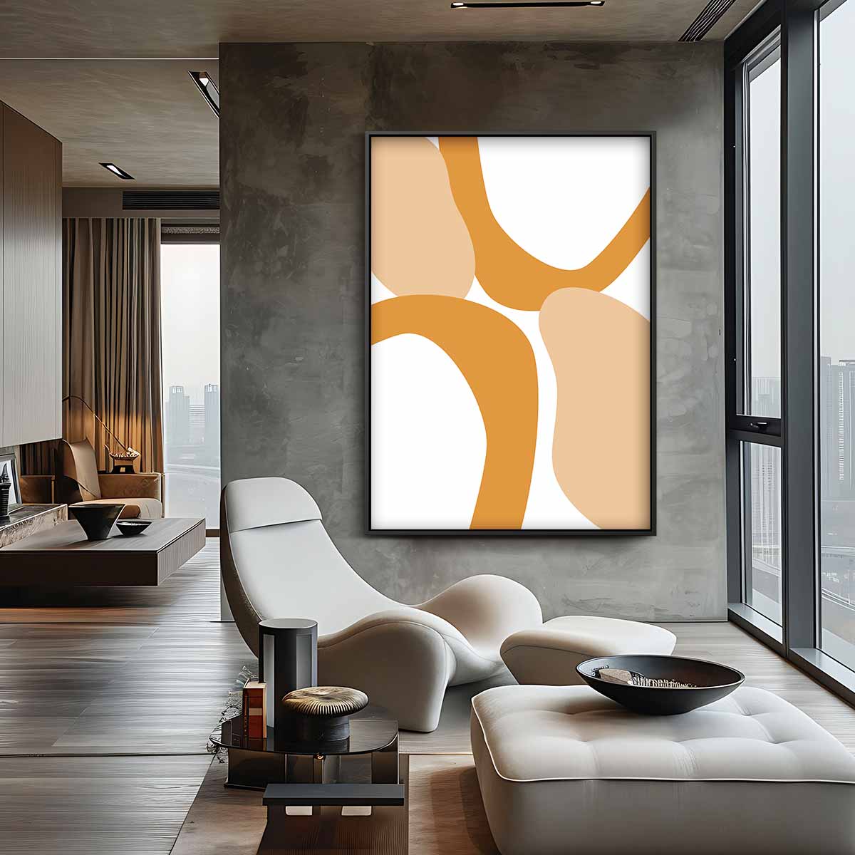 Abstracte Flow in Beige en Oranje – canvas wanddecoratie in portret formaat