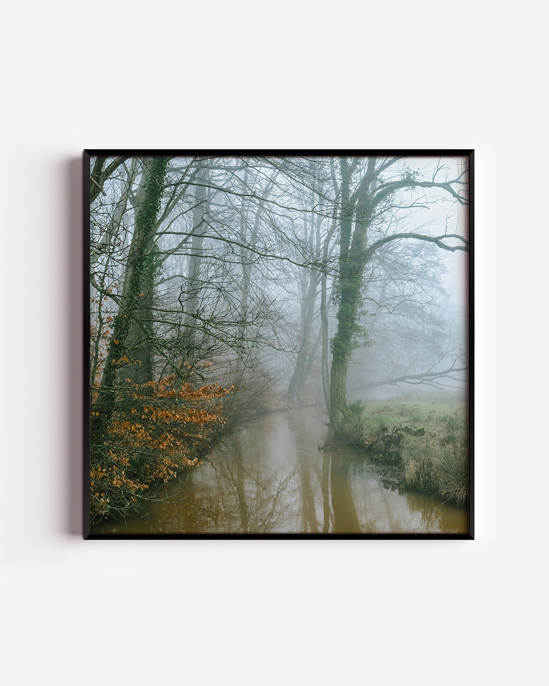 Mistig boslandschap poster – vierkante wanddecoratie – een bosomgeving met kale bomen en een kabbelende beek. De mistige