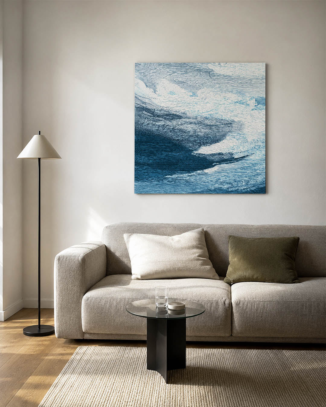 Dynamische blauwe wolken kunstwerk – vierkante wanddecoratie – dit werk toont een vloeiende compositie van blauwe en grijze