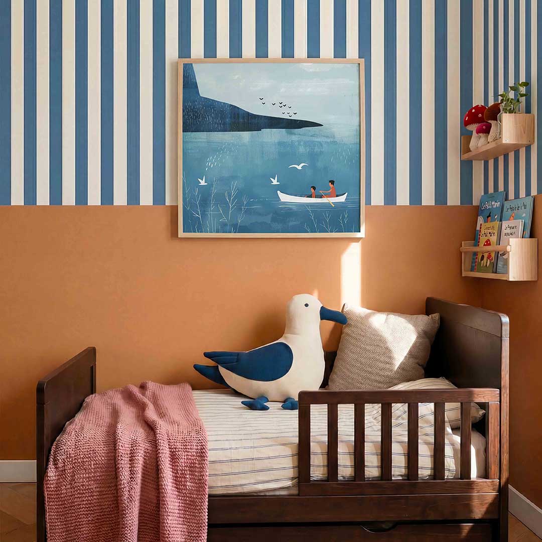 Roeiboot op blauwe zee – kids poster in vierkant formaat