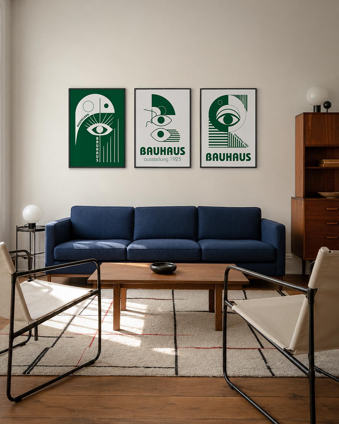 Oog en lijnen driedelige posterset – een groene achtergrond met een wit oog centraal. Strakke lijnen en cirkels creëren een