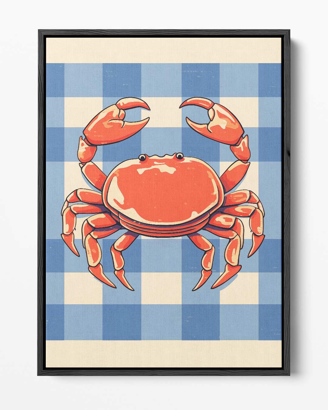 Vrolijke Krab op Blauw-Wit Patroon – portret kunstwerk als wanddecoratie