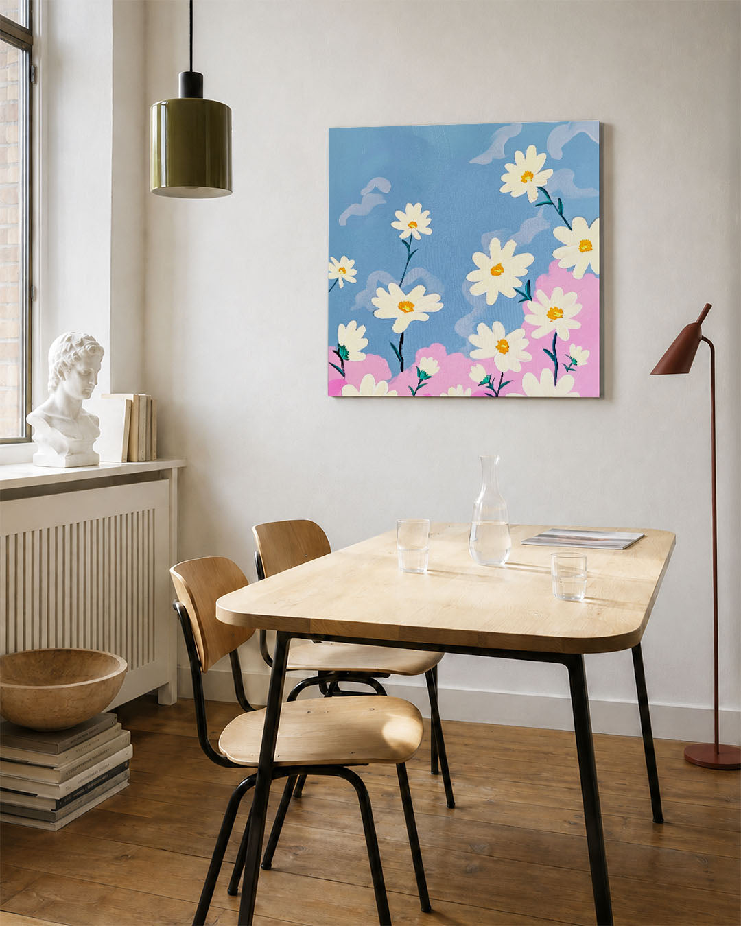Bloemen in blauwe lucht kunstwerk – vierkante wanddecoratie – dit werk toont witte bloemen tegen een blauwe lucht met roze