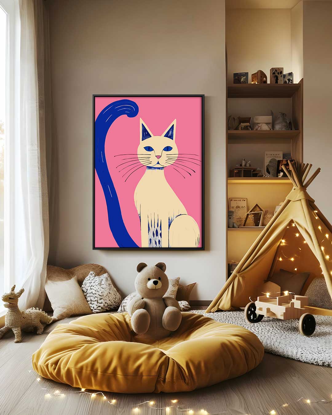 Kleurrijke Kat op Roze Achtergrond – canvas wanddecoratie in portret formaat