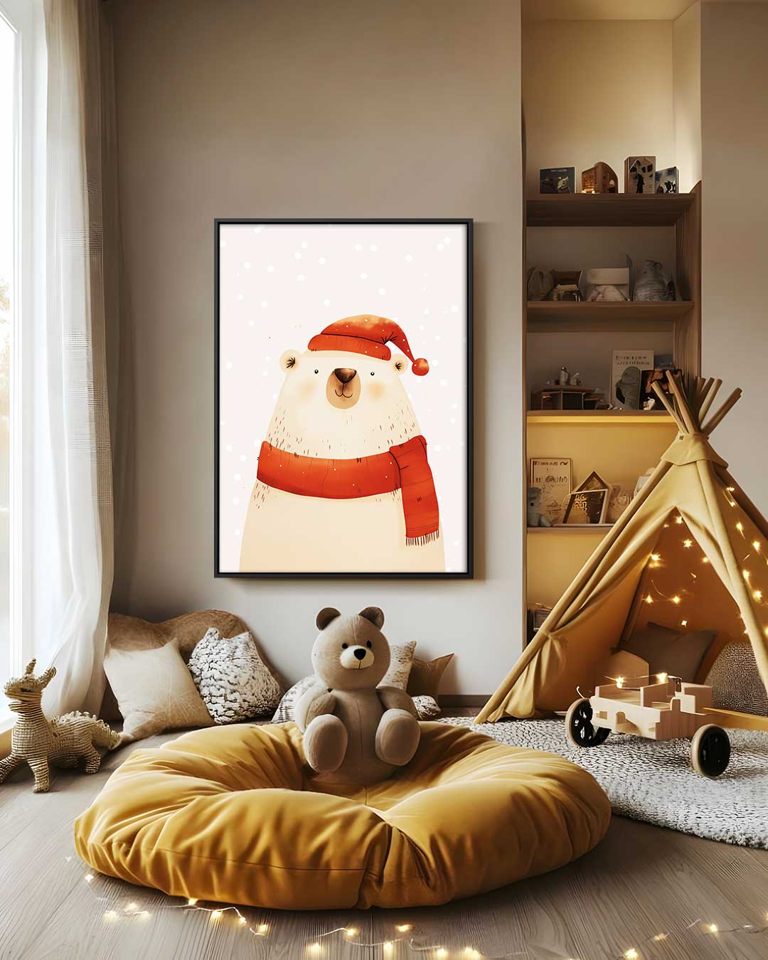 IJsbeer met kerstmuts – staand kunstwerk voor modern interieur