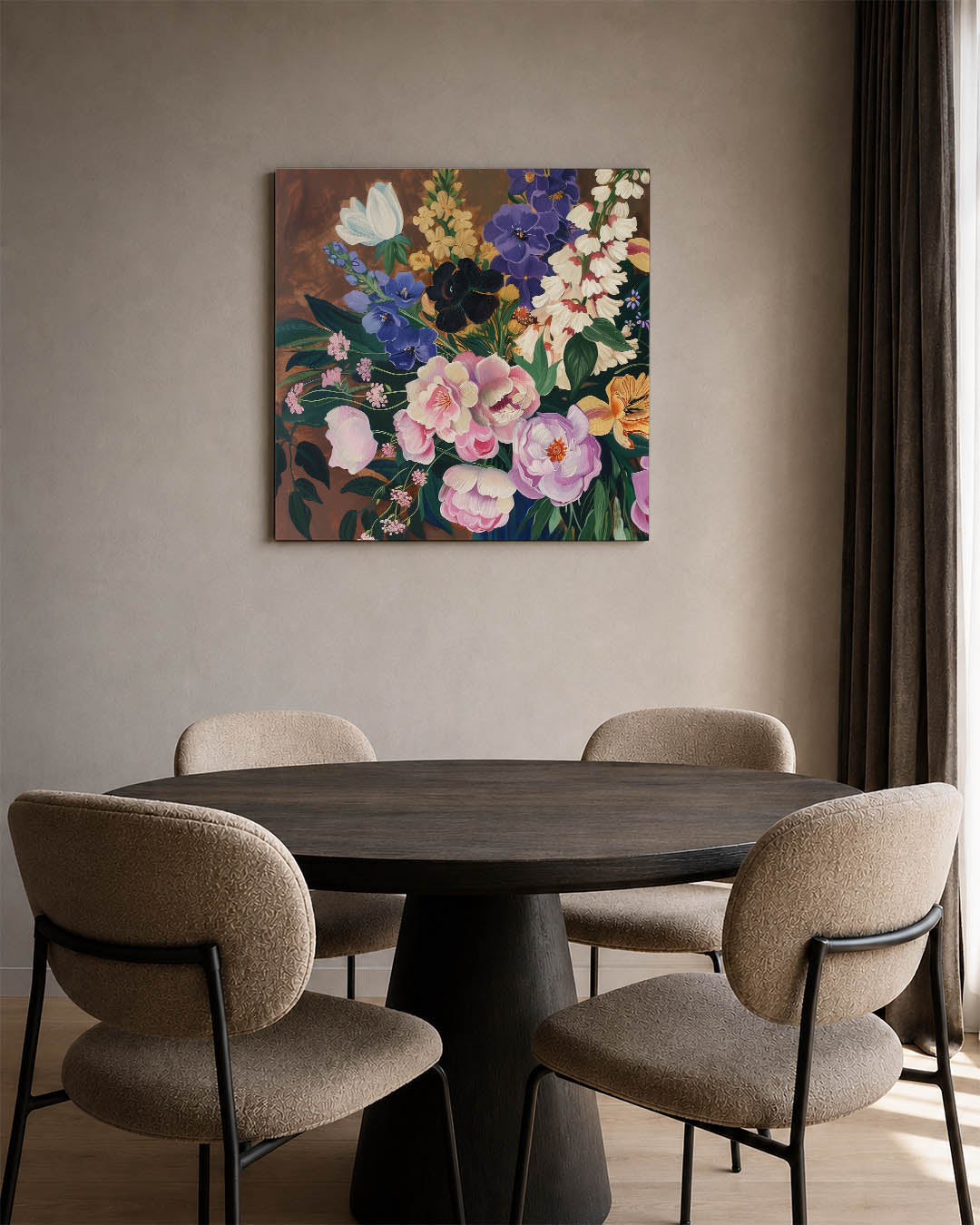 Bloemrijke compositie kunstwerk – derde productweergave – dit werk toont een levendige verzameling bloemen in diverse kleuren