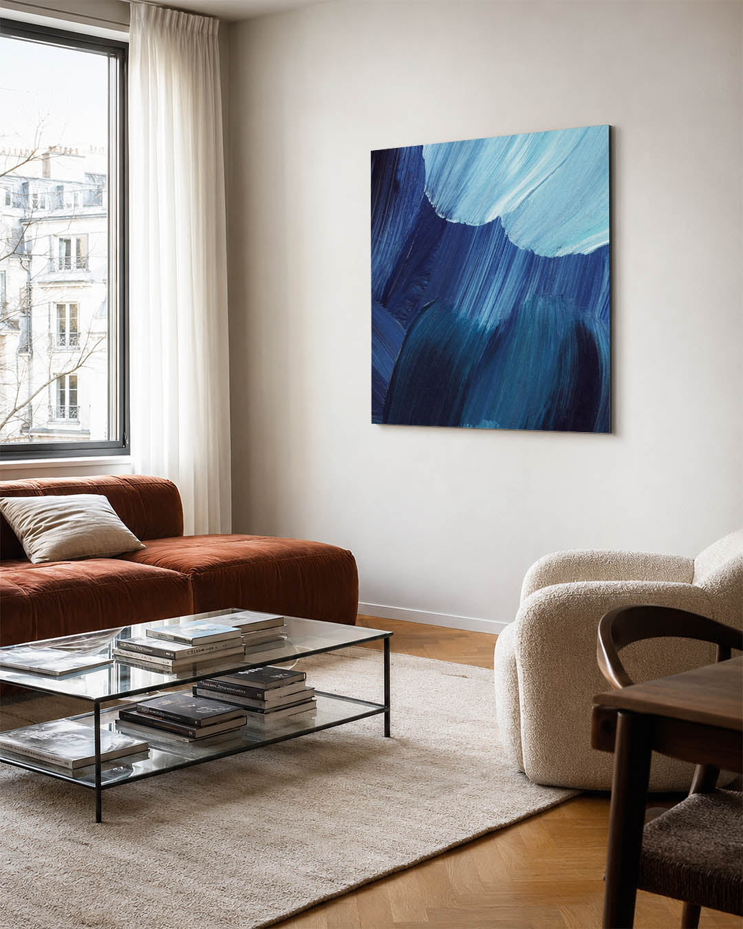 Dynamische blauwe beweging kunstwerk – vierkante wanddecoratie – dit kunstwerk toont vloeiende penseelstreken in