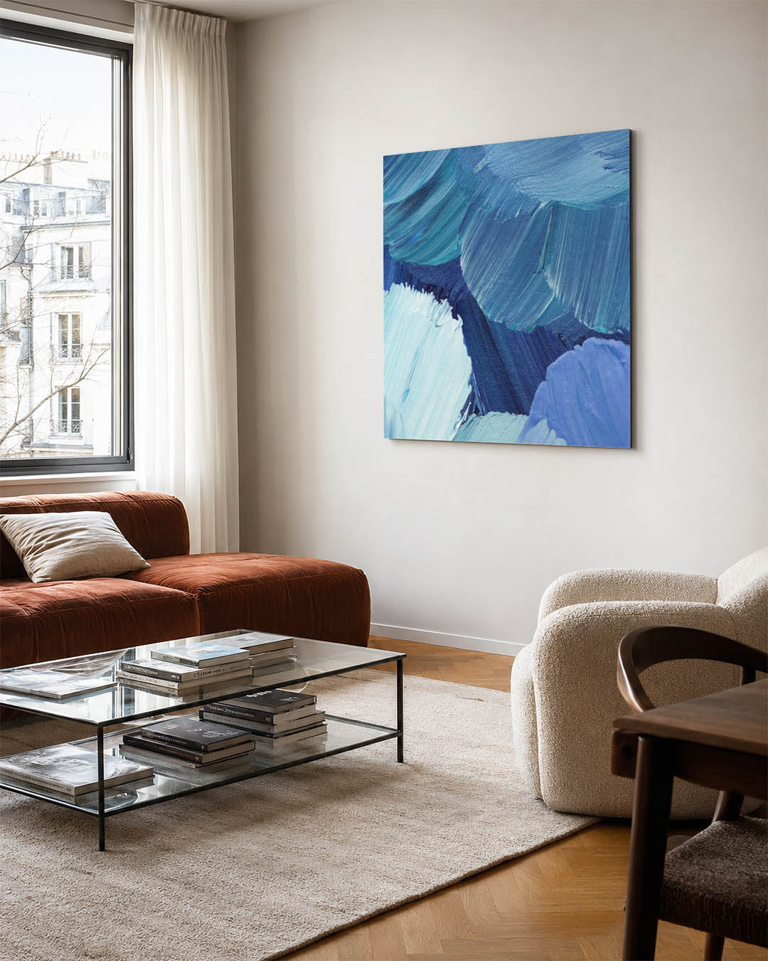 Dynamische blauwe borstels kunstwerk – vierkante wanddecoratie – dit kunstwerk toont vloeiende penseelstreken in